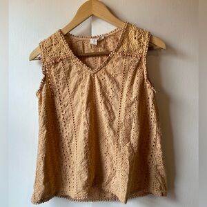 Joie Tank Shirt Crochet Cotton Sleeveless Top Mustard Yellow Natural Fabric